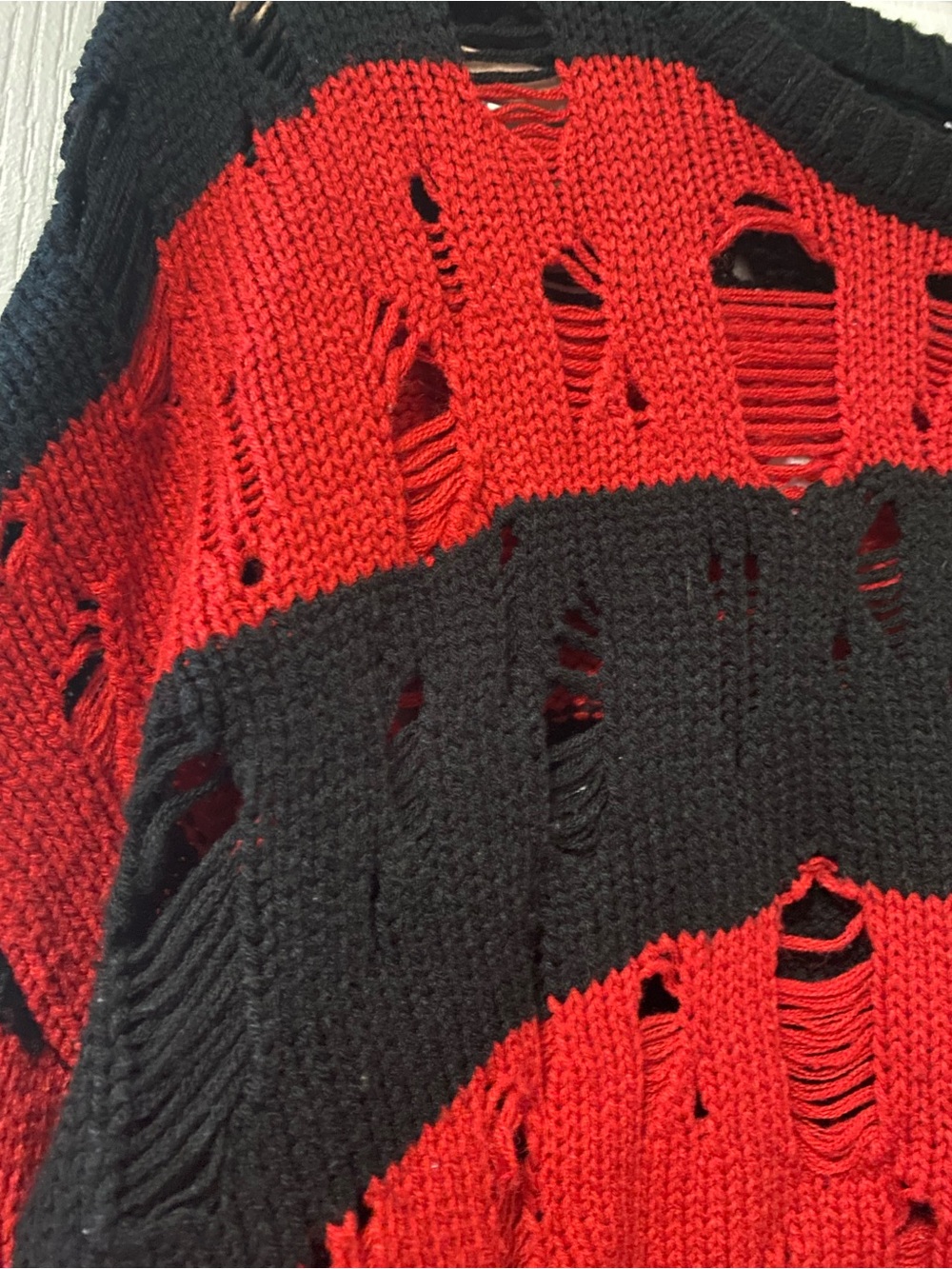 Goth Distressed Freddy Krueger Vibe Red & Black Striped Cropped Sweater - Picture 6 of 11